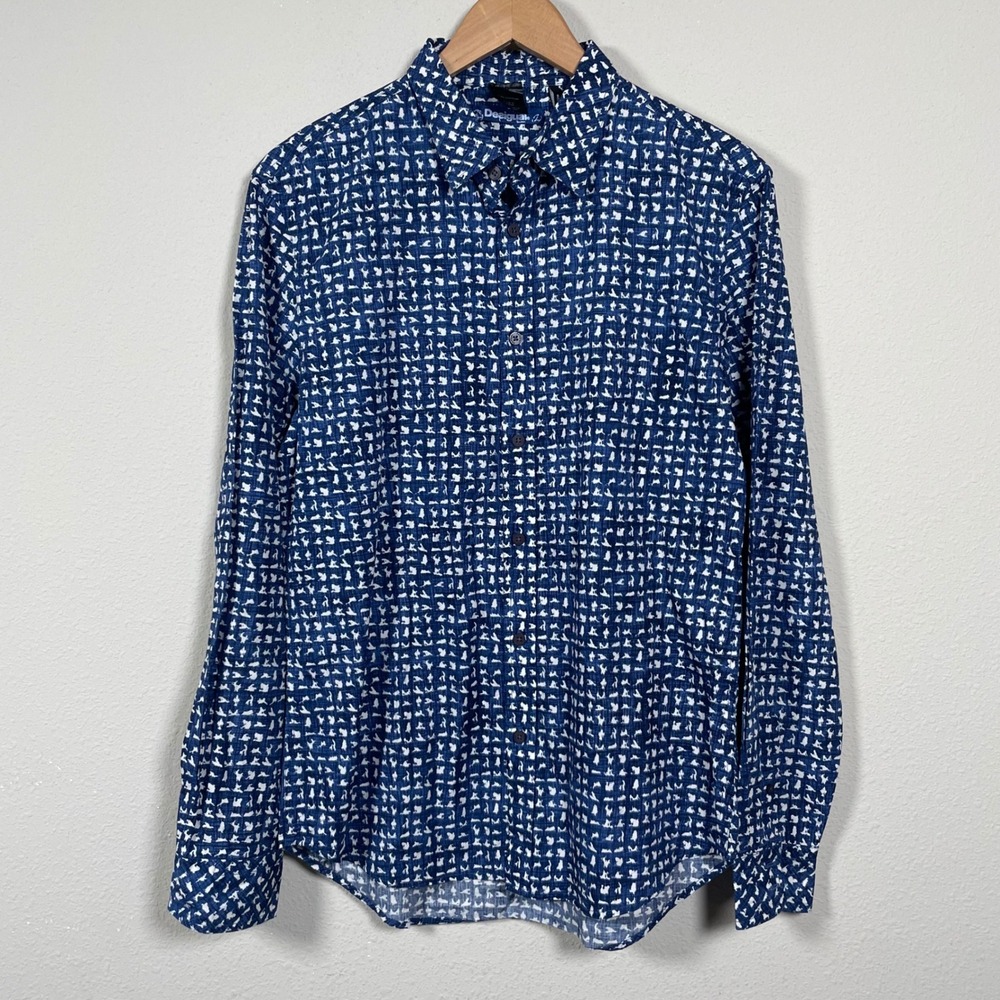 Desigual Button Down Shirt Mens M Blue Kama Sutra Print Slim Fit Bold Artistic